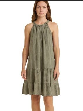 Bellambra Green Linen Cotton Halter Tie Bow Layered A-Line Dress Size S